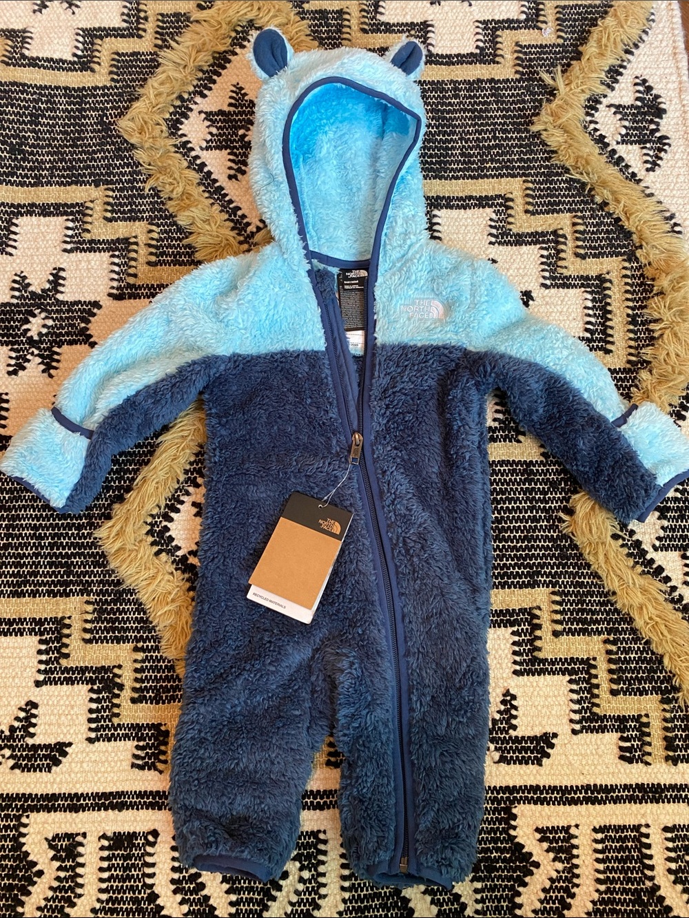 The North Face Baby Fuzzy Hooded One-Piece in Light Blue & Navy